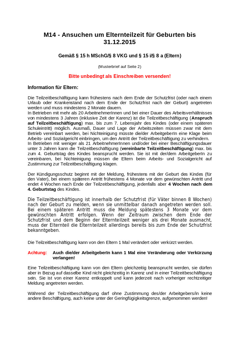 M14-Ansuchen um Elternteilzeit für Geburten bis 31.12.2015